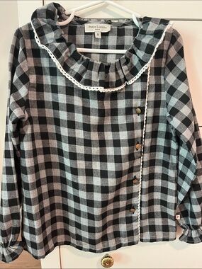 Petite Lucette Paris Girls' Black & Gray Gingham Ruffle Collar Top